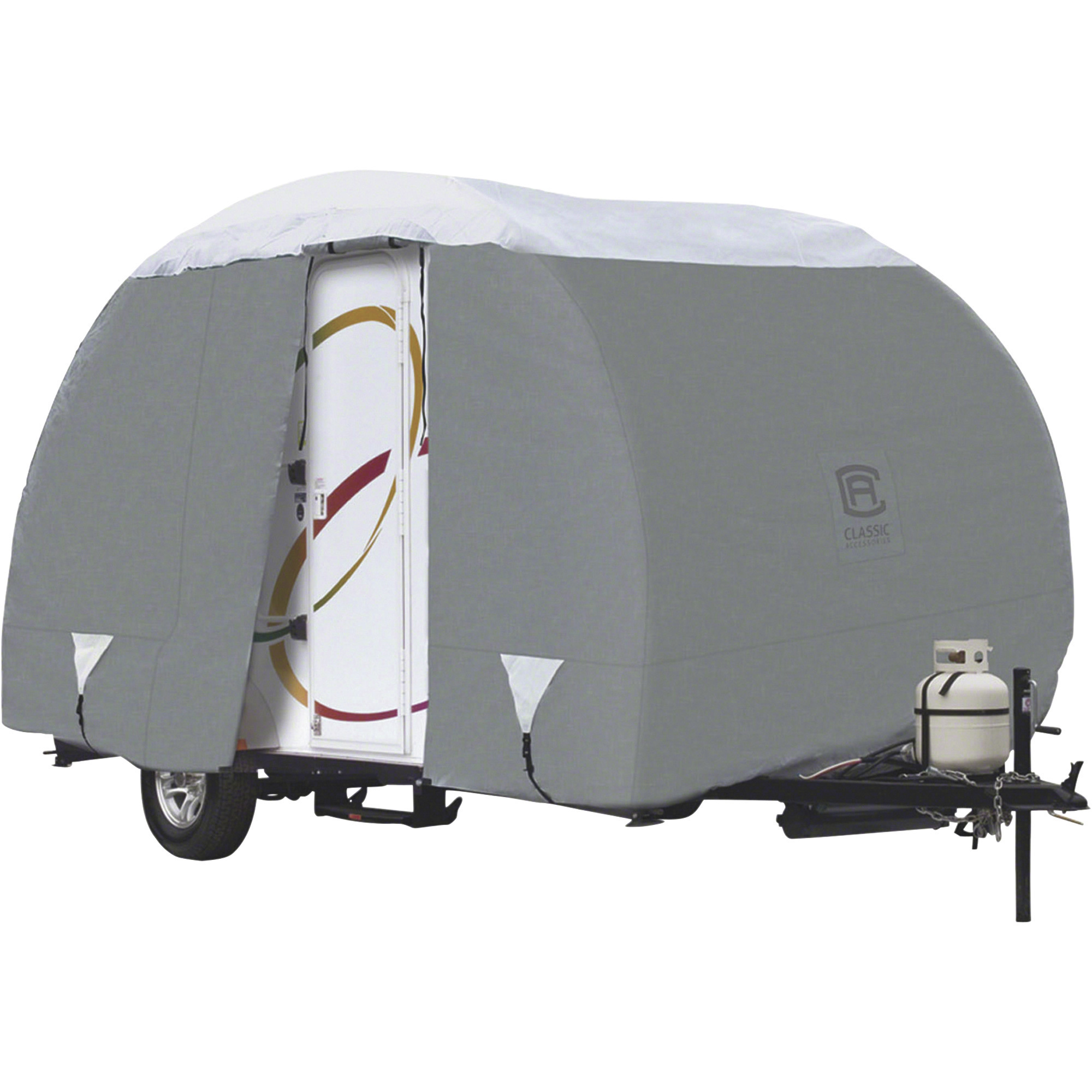Classic Accessories Overdrive PolyPRO 3 Deluxe R-Pod Travel Trailer Cover, Gray and White, Fits R-Pod Travel Trailers Up To 16 1/2ft.L, Model# 80-198-141001-00